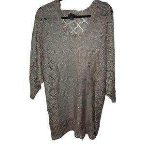 Lauren Michelle Gold Metallic Crochet Sweater 2X GUC Boho Chic Shimmer